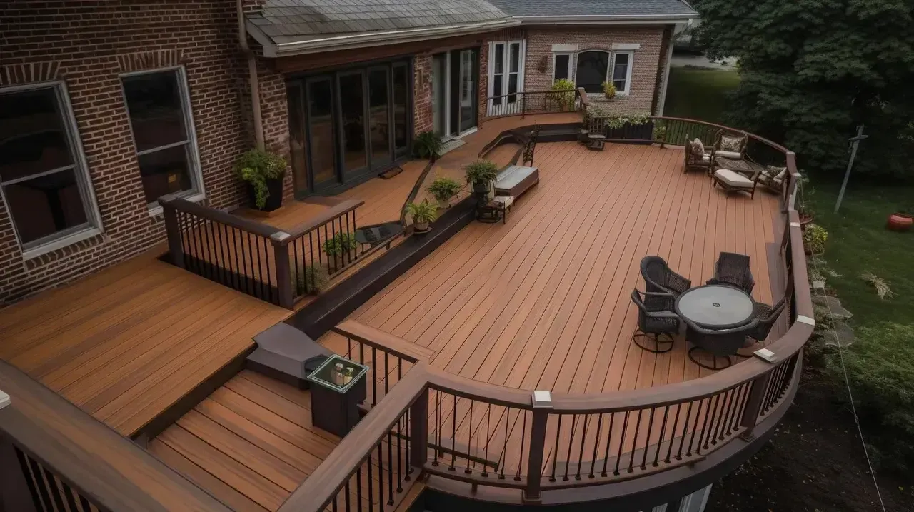 Large, multi-level brown deck with seating, built onto a brick house.