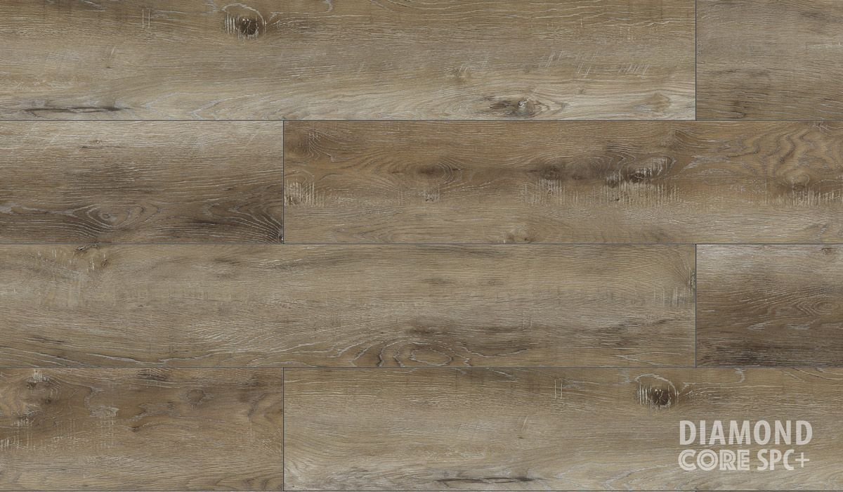 A close up of a wooden floor with the words `` diamond core spc + '' written on it.