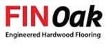 The logo for fin oak engineered hardwood flooring is red and black.