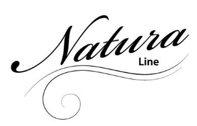 A black and white logo for natura line with a swirl
