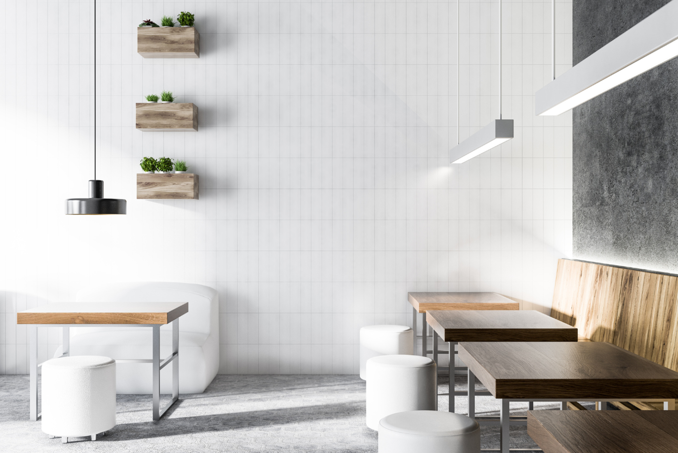 Coffee shop interior with gray and white walls