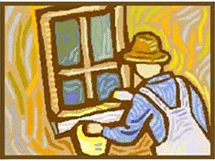 Logo of an illustration of a man painting a window outside.