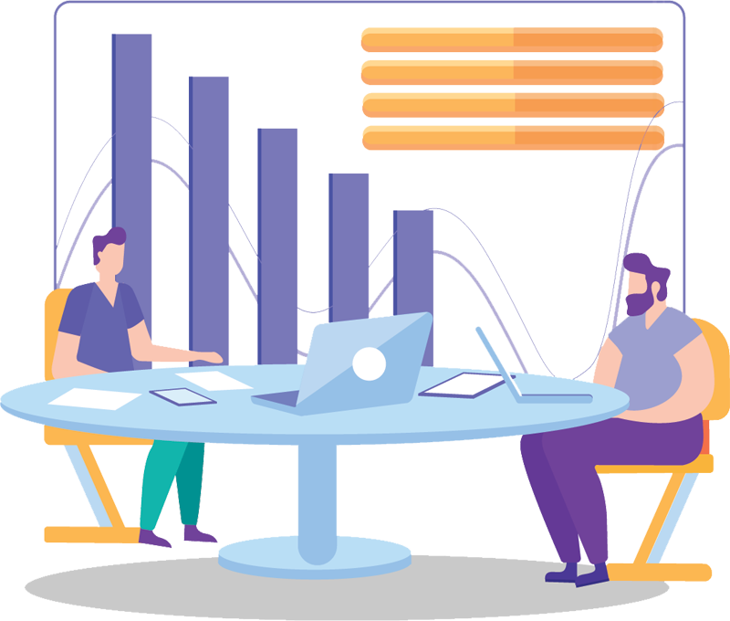 illustration of business people sitting at a table with laptop and documents