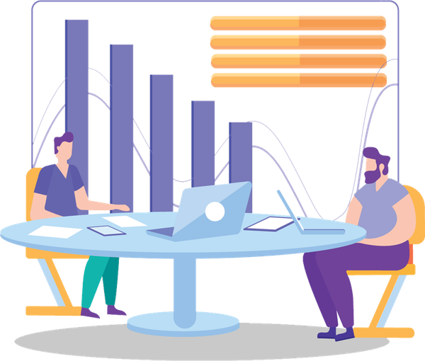 illustration of business people sitting at a table with laptop and documents