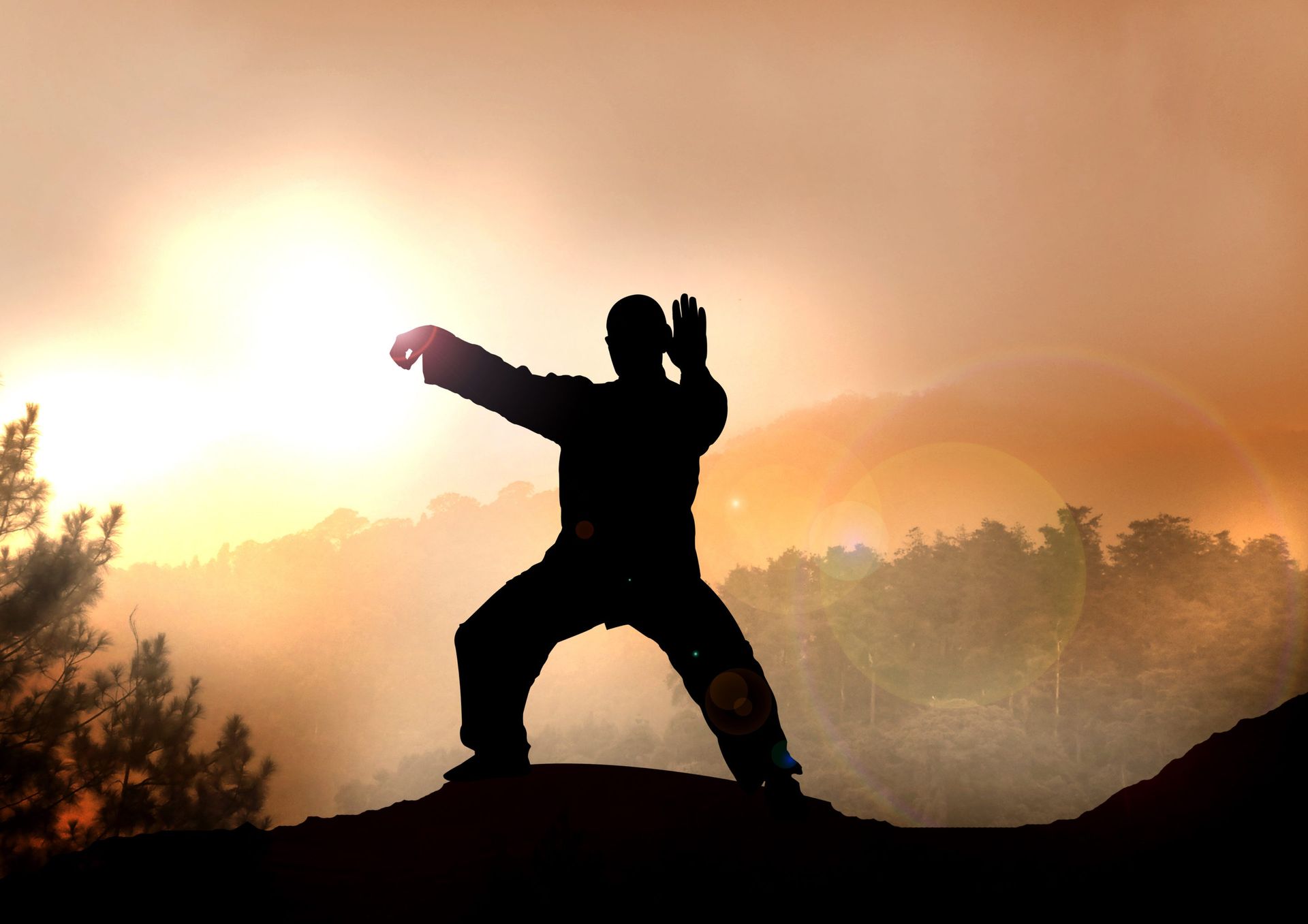 Silhouette of a person practicing tai chi on a hilltop at sunset, arms outstretched.