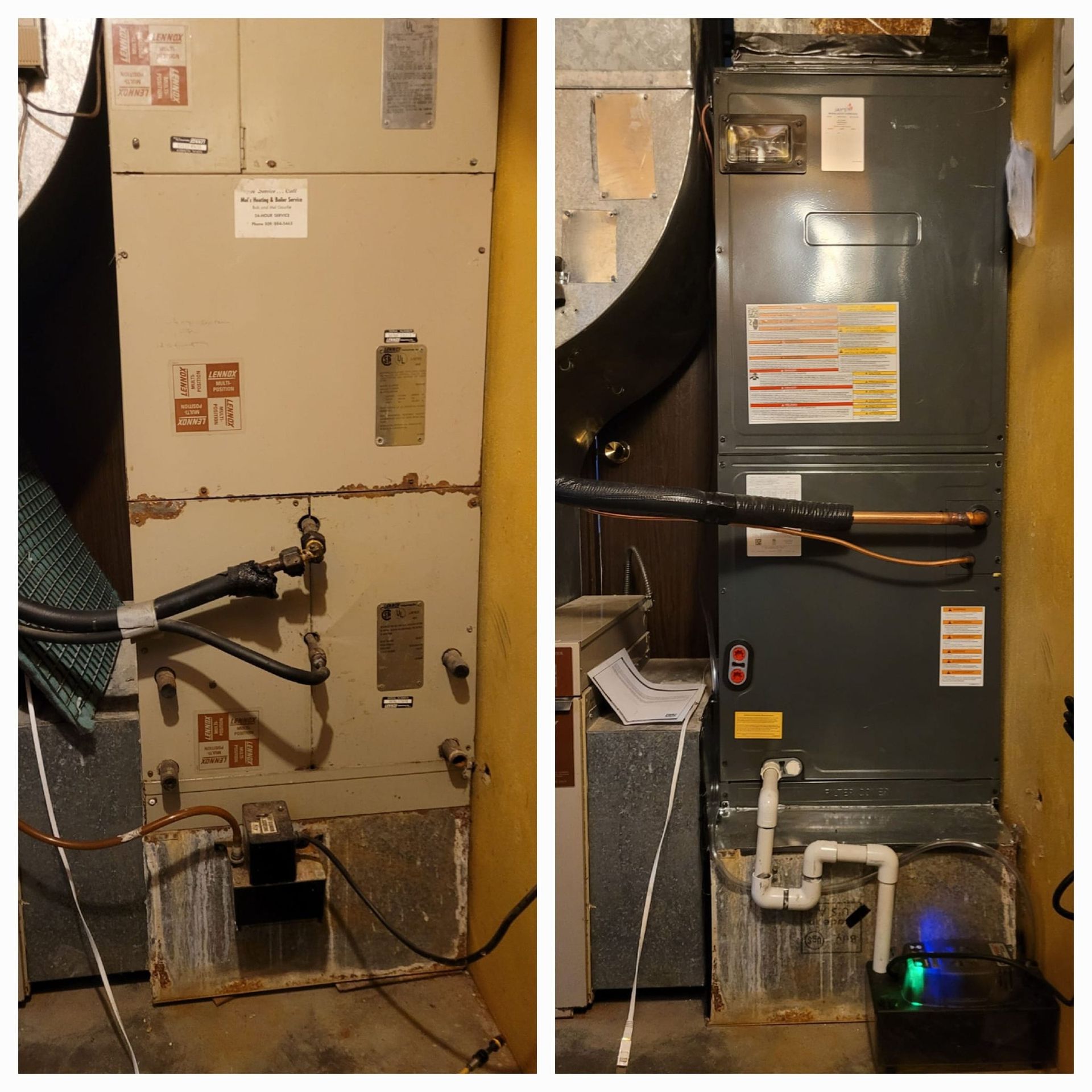 A before and after picture of an air conditioner in a basement