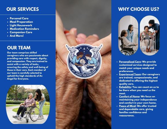 Brochure promoting care services. Features hands supporting another, text, and images of people assisting seniors.