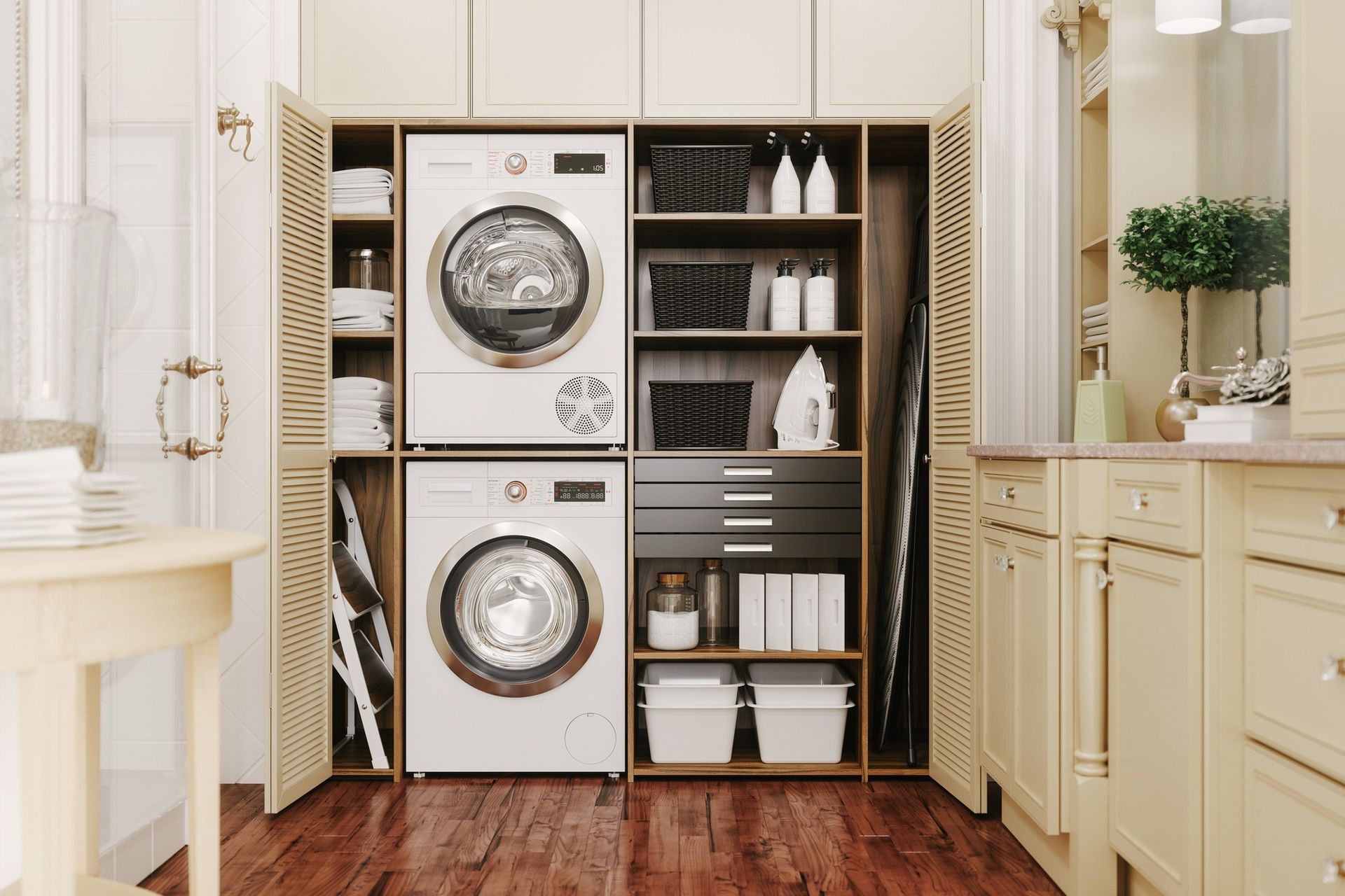 A laundry room with a washer and dryer stacked on top of each other.