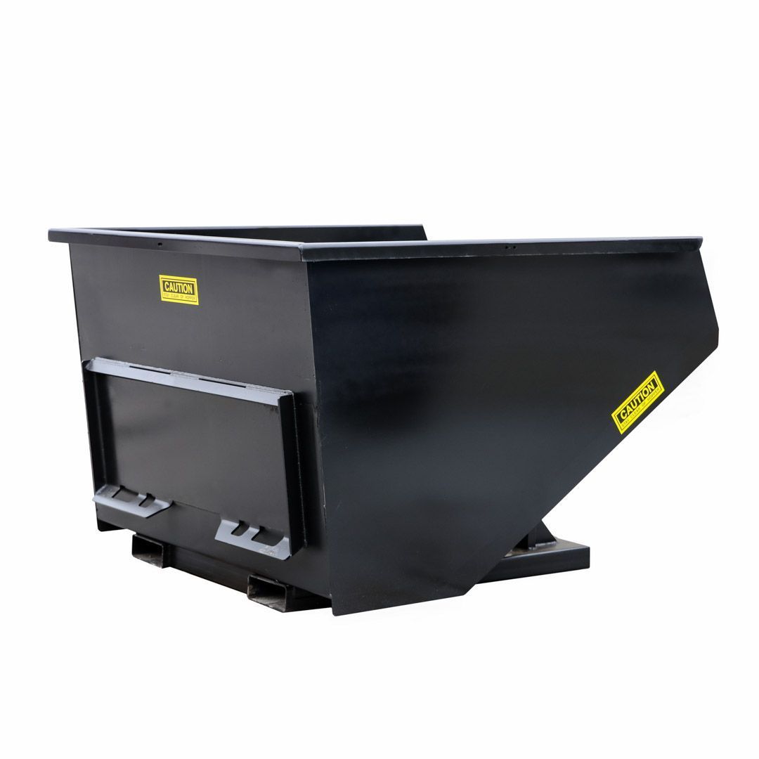 A black dumpster with a yellow sticker on it on a white background.