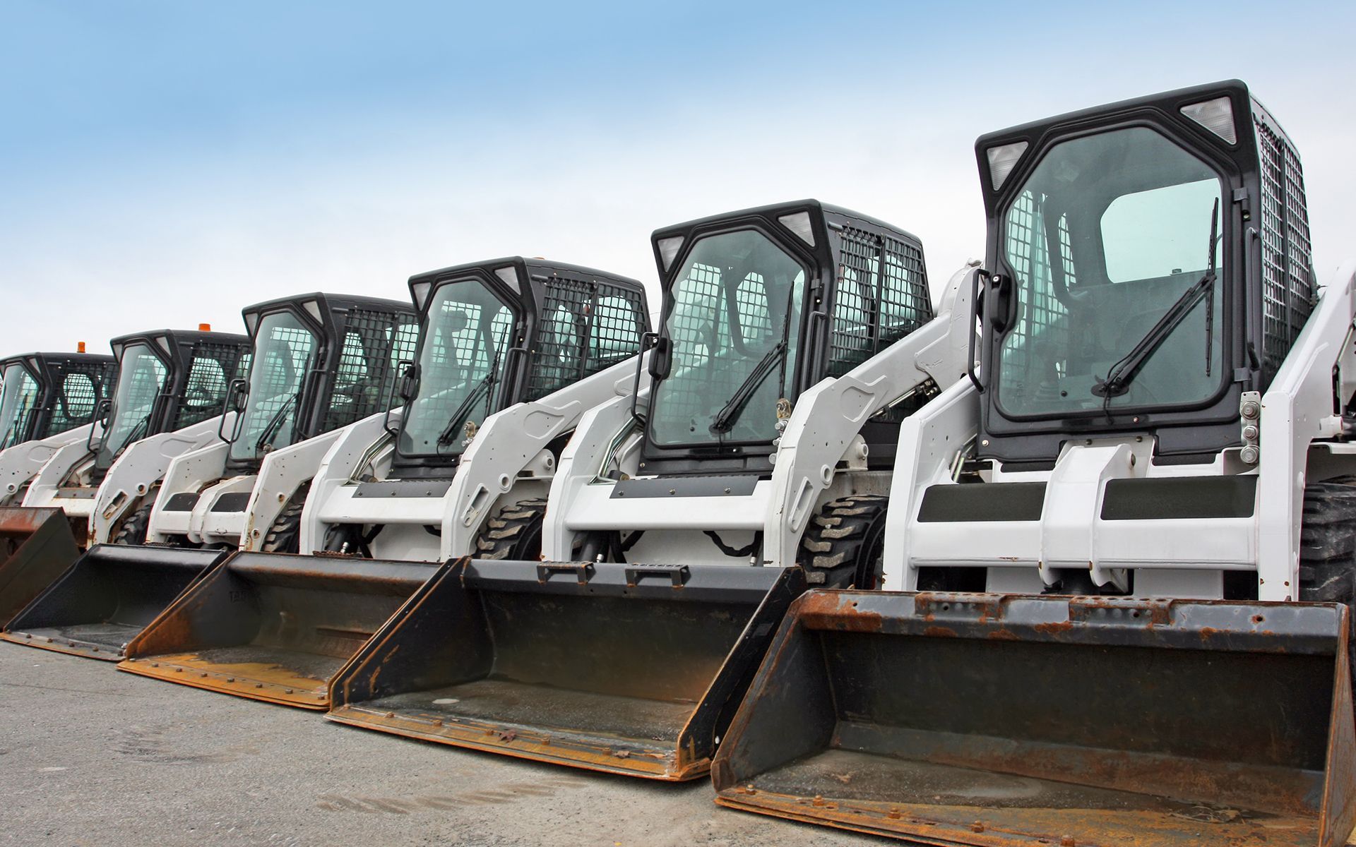 A row of skid steer loaders are lined up in a parking lot.