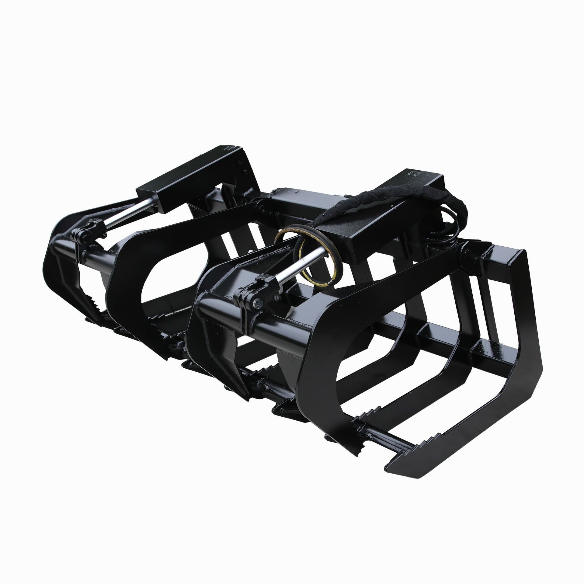 A pair of black grapple buckets on a white background.