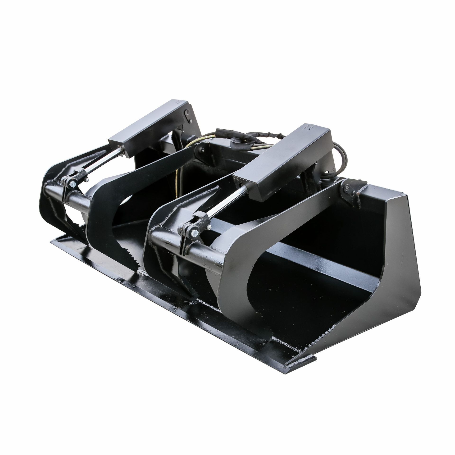 A black bucket with a pair of claws attached to it on a white background.