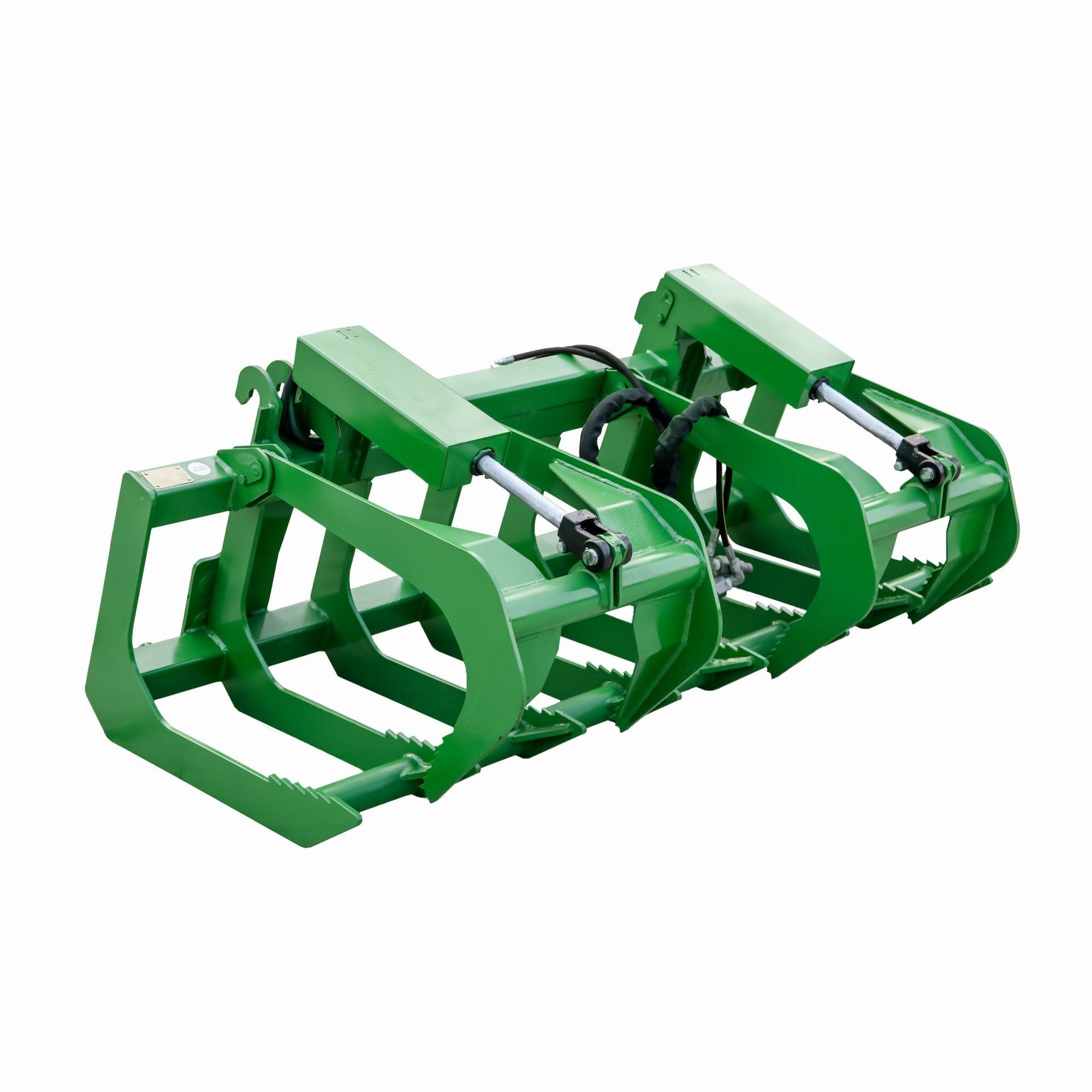A green tractor grapple on a white background.