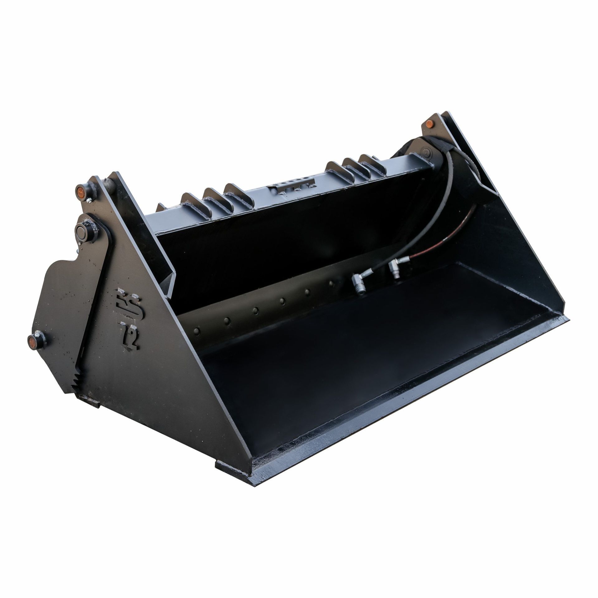 A black bucket is sitting on a white surface.