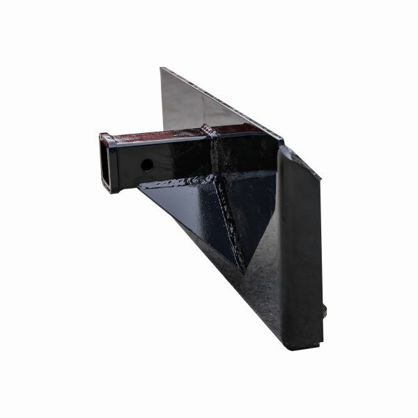 A black metal bracket with a hole in the middle on a white background.