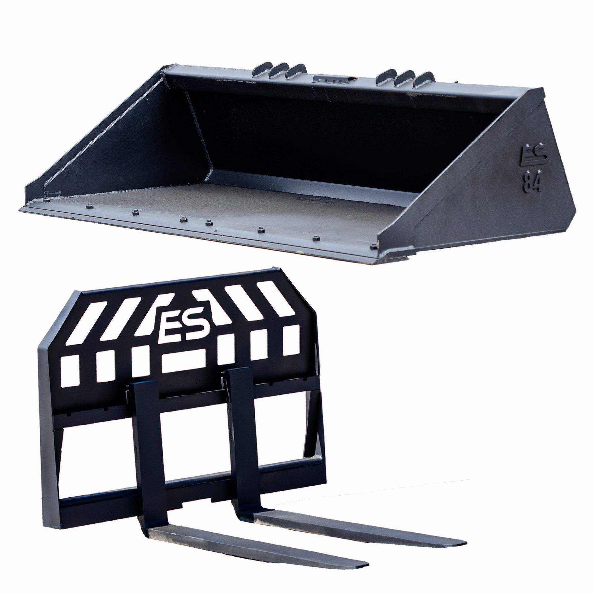 A bucket and forks are shown on a white background.