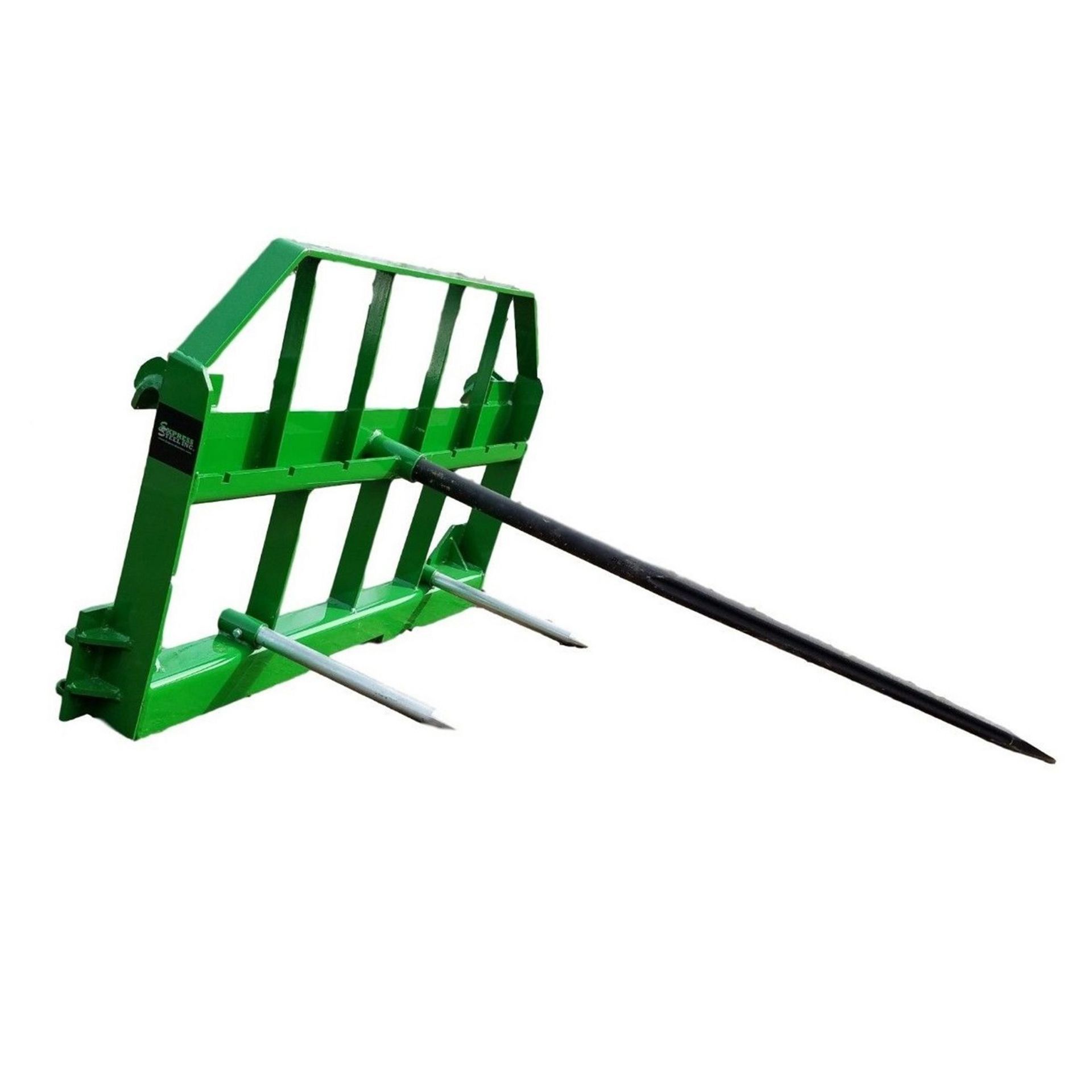 A green hay bale fork with two sticks attached to it on a white background.