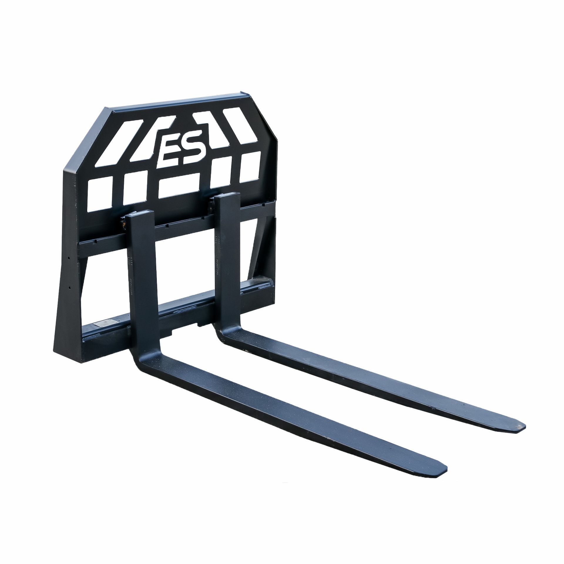 A pair of forks attached to a forklift on a white background.