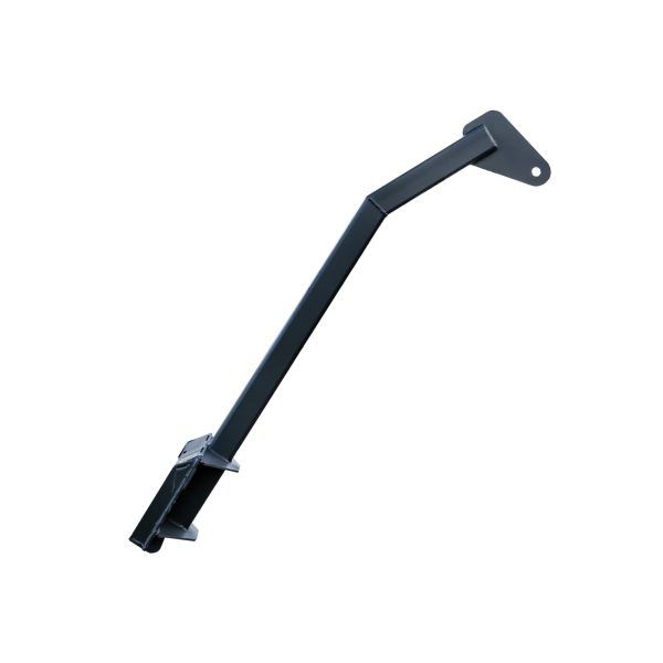 A black metal pole with a handle on a white background