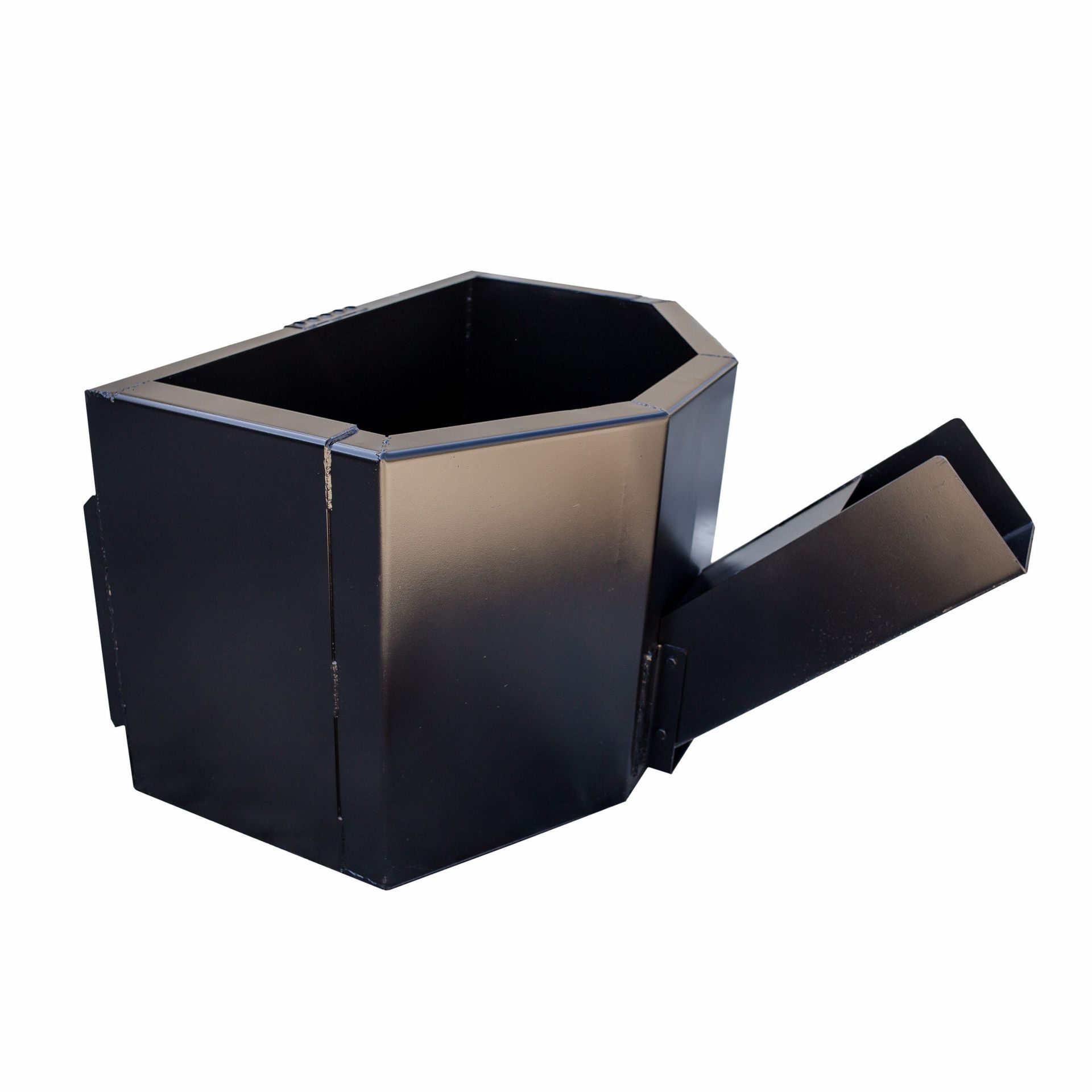 A black metal container with a handle on a white background