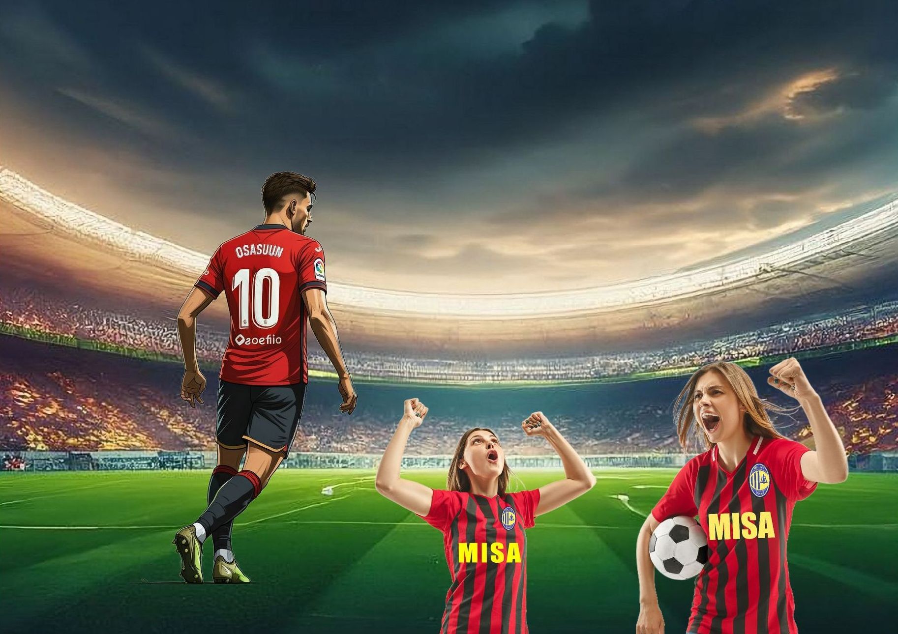 A man and two women are playing soccer in a stadium.