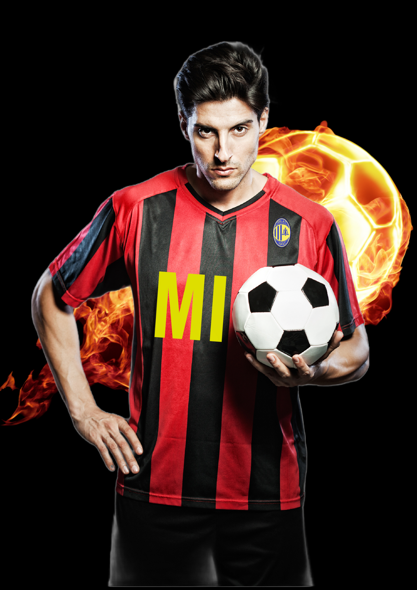 A man in a red and black striped shirt is holding a soccer ball.