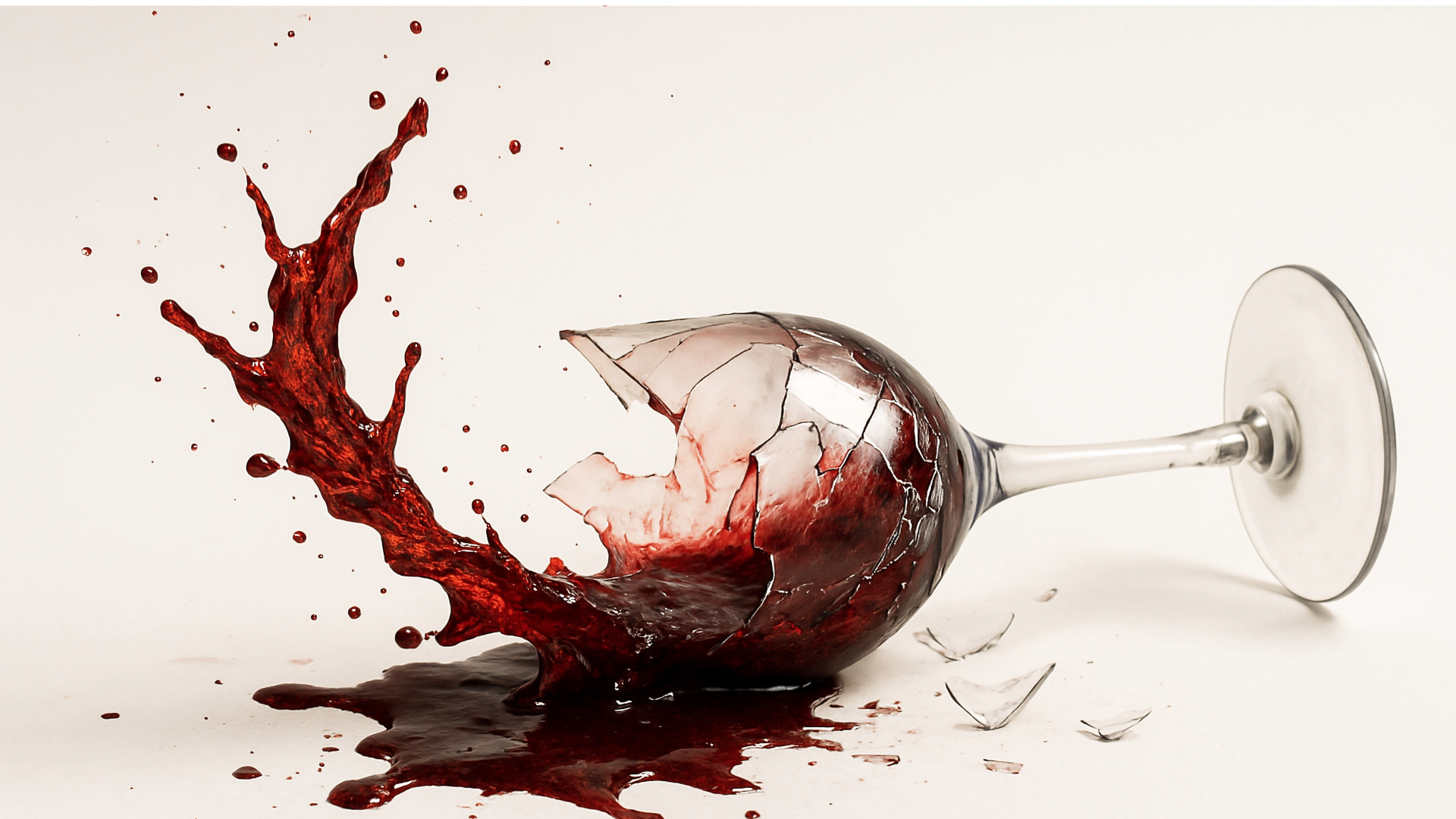 Broken wine glass with spilled red wine, on a white surface.