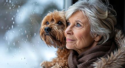 Older woman and small brown dog looking out a window at a snowy landscape. The woman is wearing a coat and scarf.