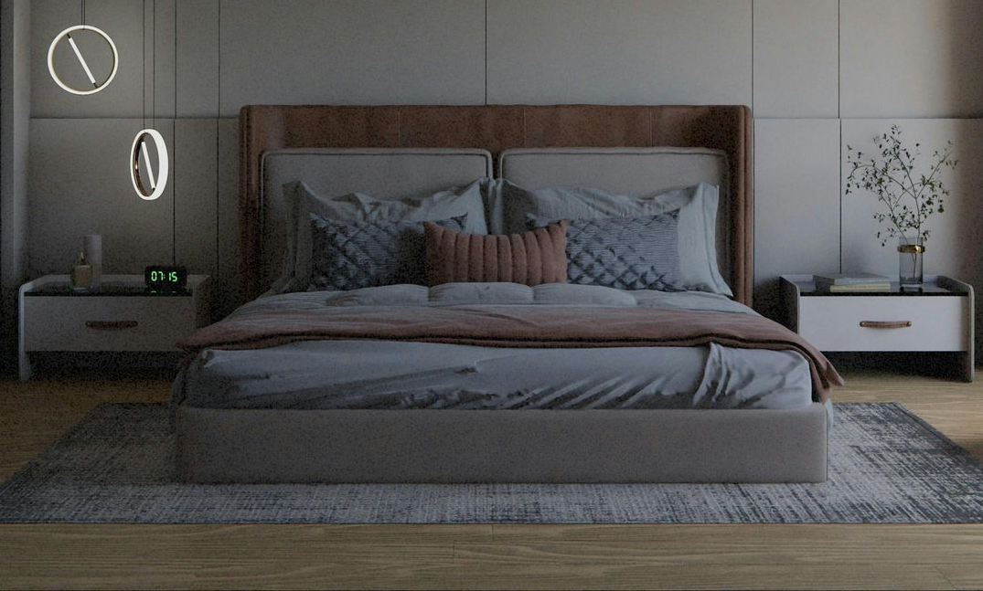 Bedroom with bed, nightstands, rug