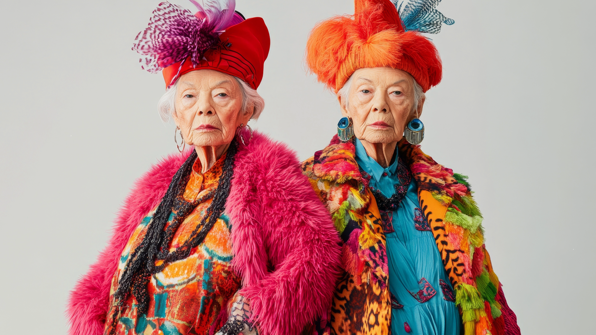 Two older women in vibrant, colorful outfits and hats; studio setting, looking forward.
