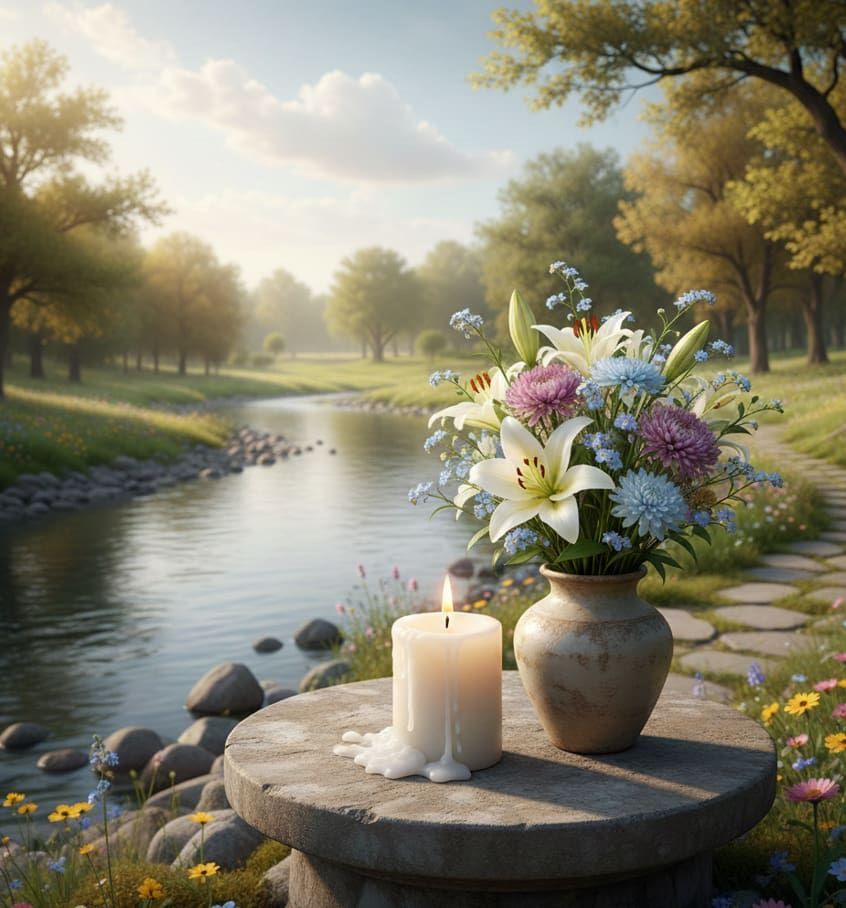Serene candle and floral tribute by river at Willowick, OH funeral home and cremations
