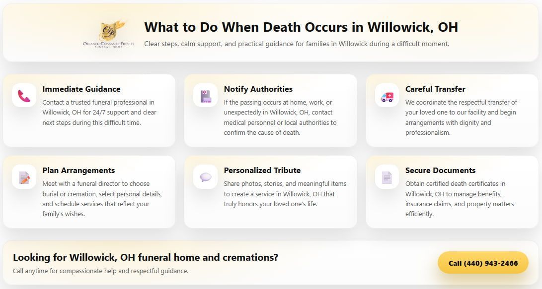 Infographics explaining immediate support and arrangements for Willowick, OH funeral home and cremations