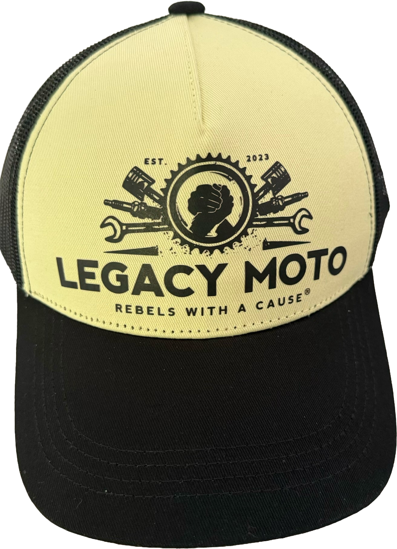 Black and yellow Legacy Moto trucker hat with logo and “Rebels with a Cause” text