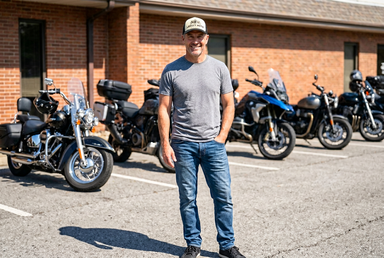 Man standing in front of parked motorcycles outside a brick building