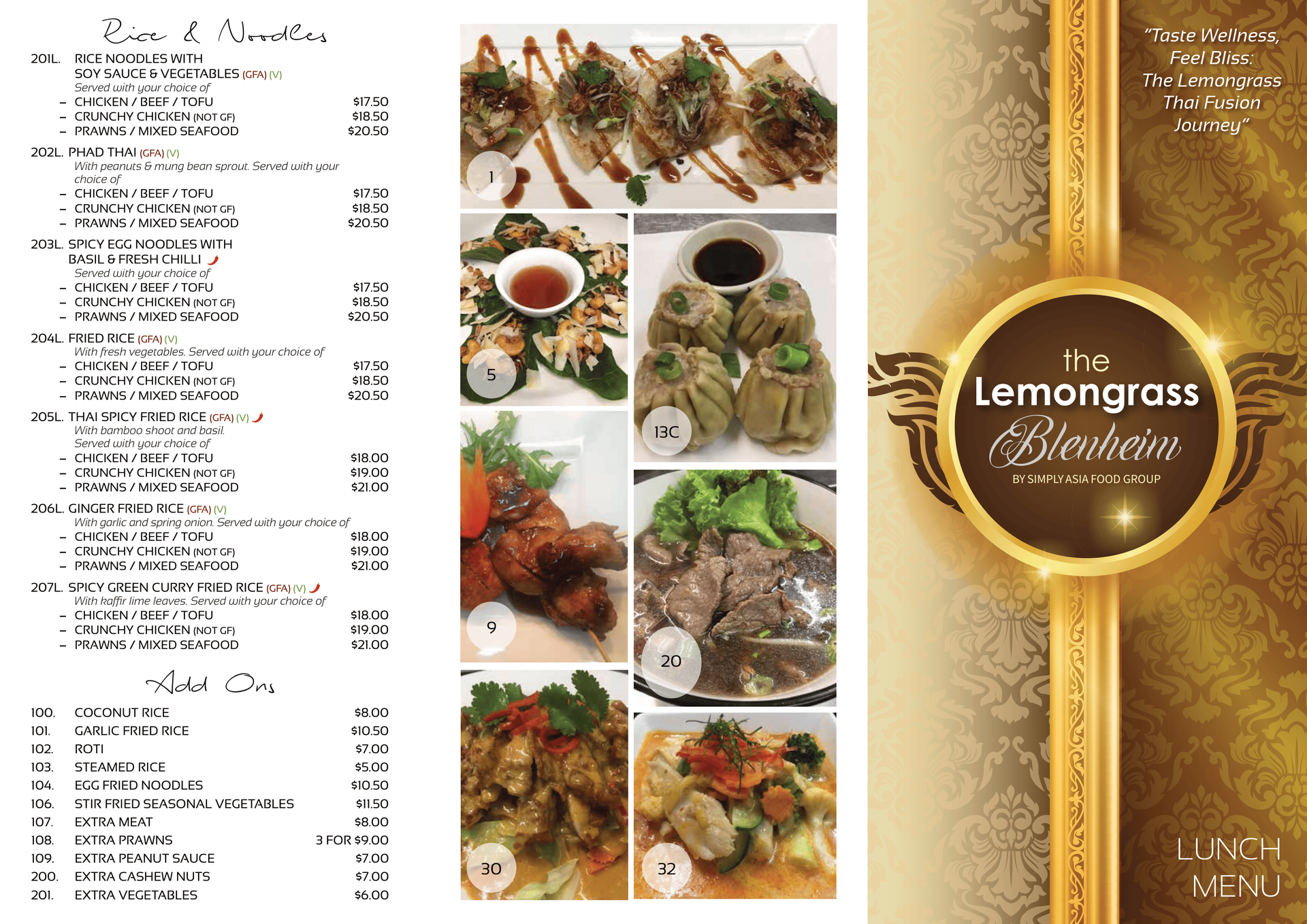 A menu for a restaurant called lemongrass wanhom