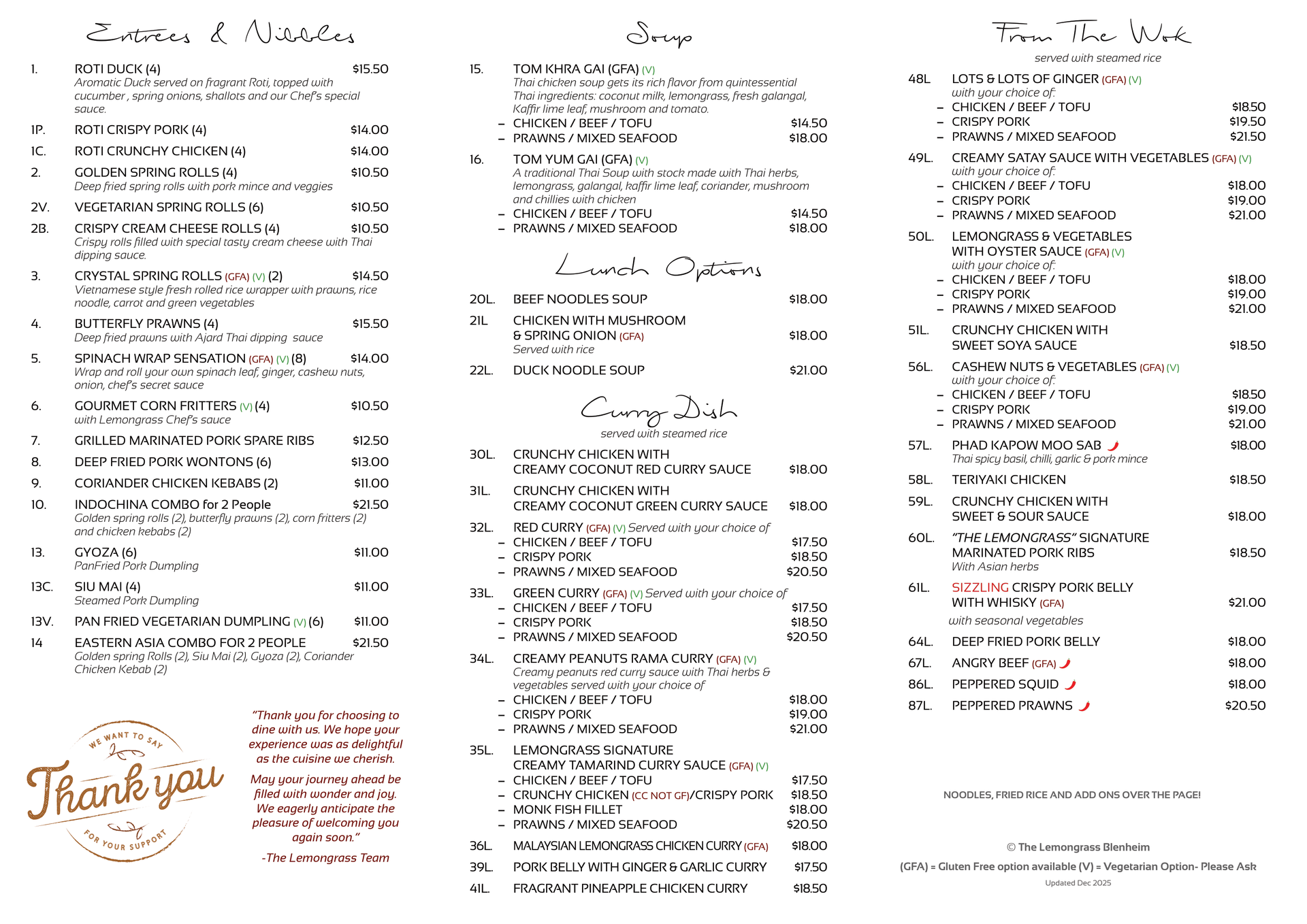 A menu for a restaurant with a thank you stamp on it