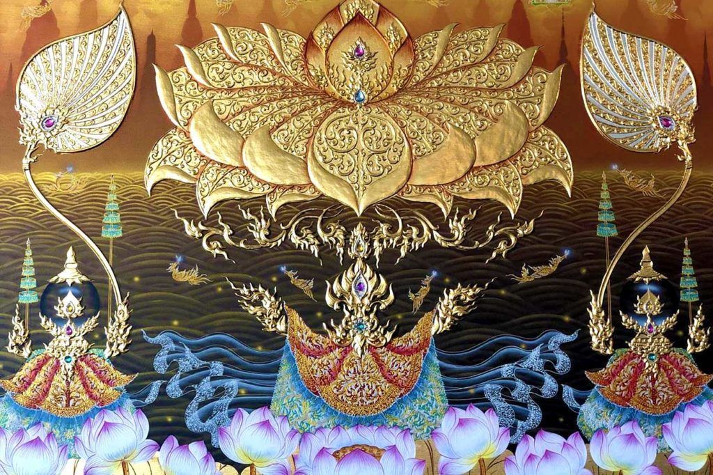 A close up of a painting of a lotus flower