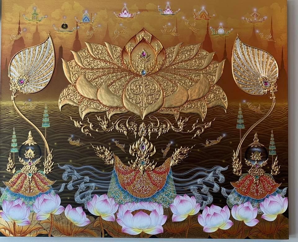 A painting of a lotus flower with a temple in the background