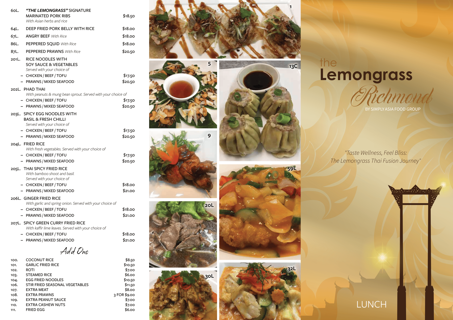 A menu for a restaurant called the lemongrass richmond