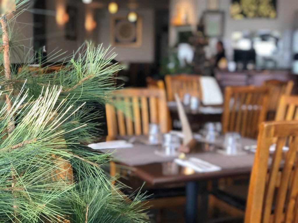 A restaurant with tables and chairs and a pine tree in the foreground.