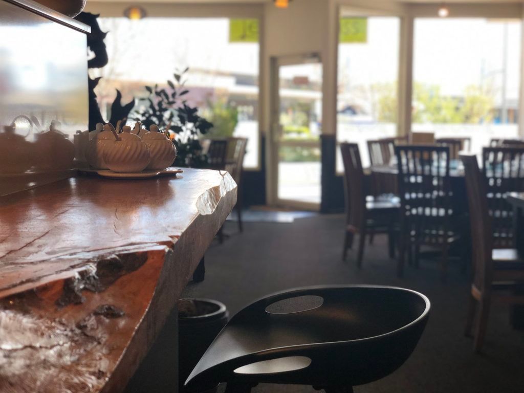 A blurred image of a restaurant with tables and chairs