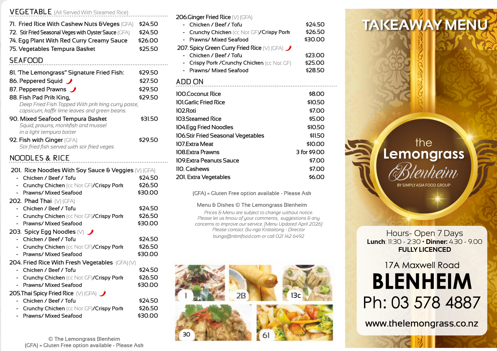 A takeaway menu for a restaurant called the lemongrass