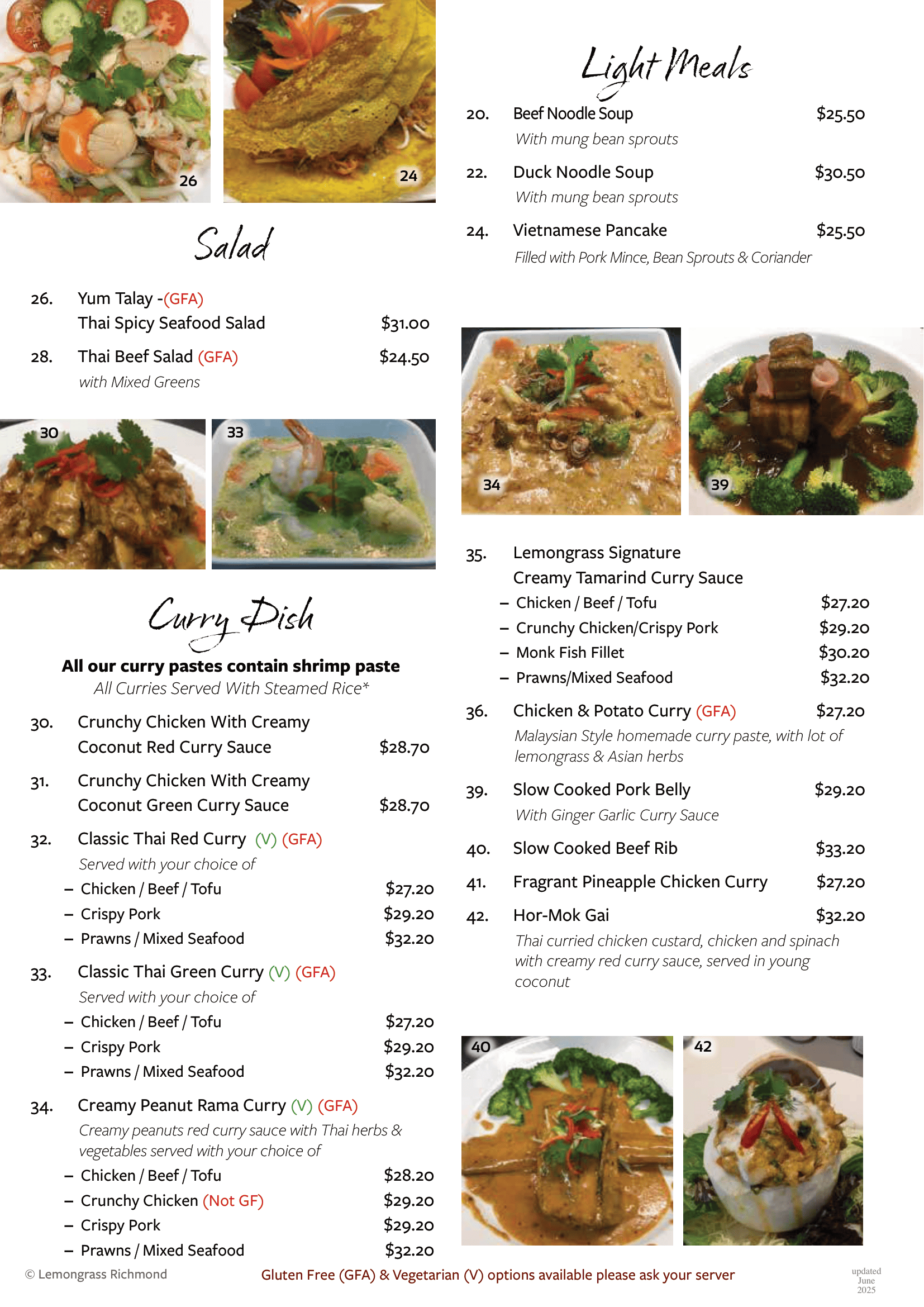 A menu for a restaurant with a variety of food on it.