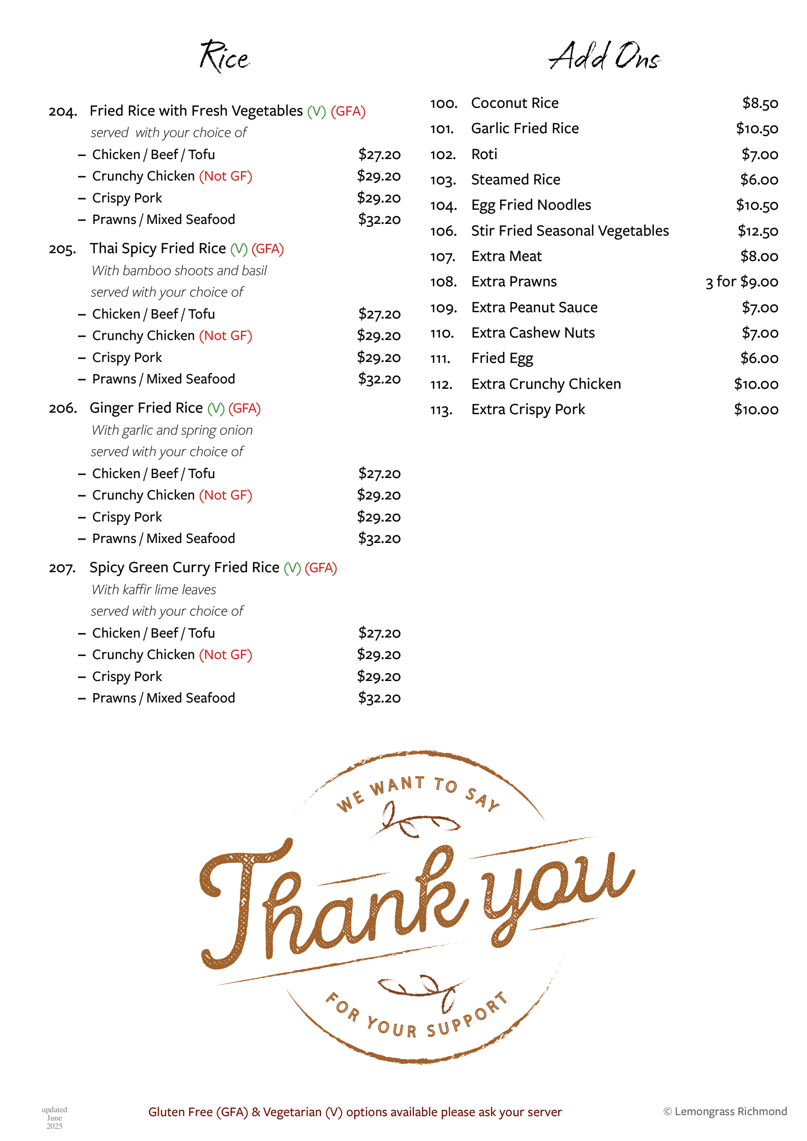 A menu with a thank you message on it.