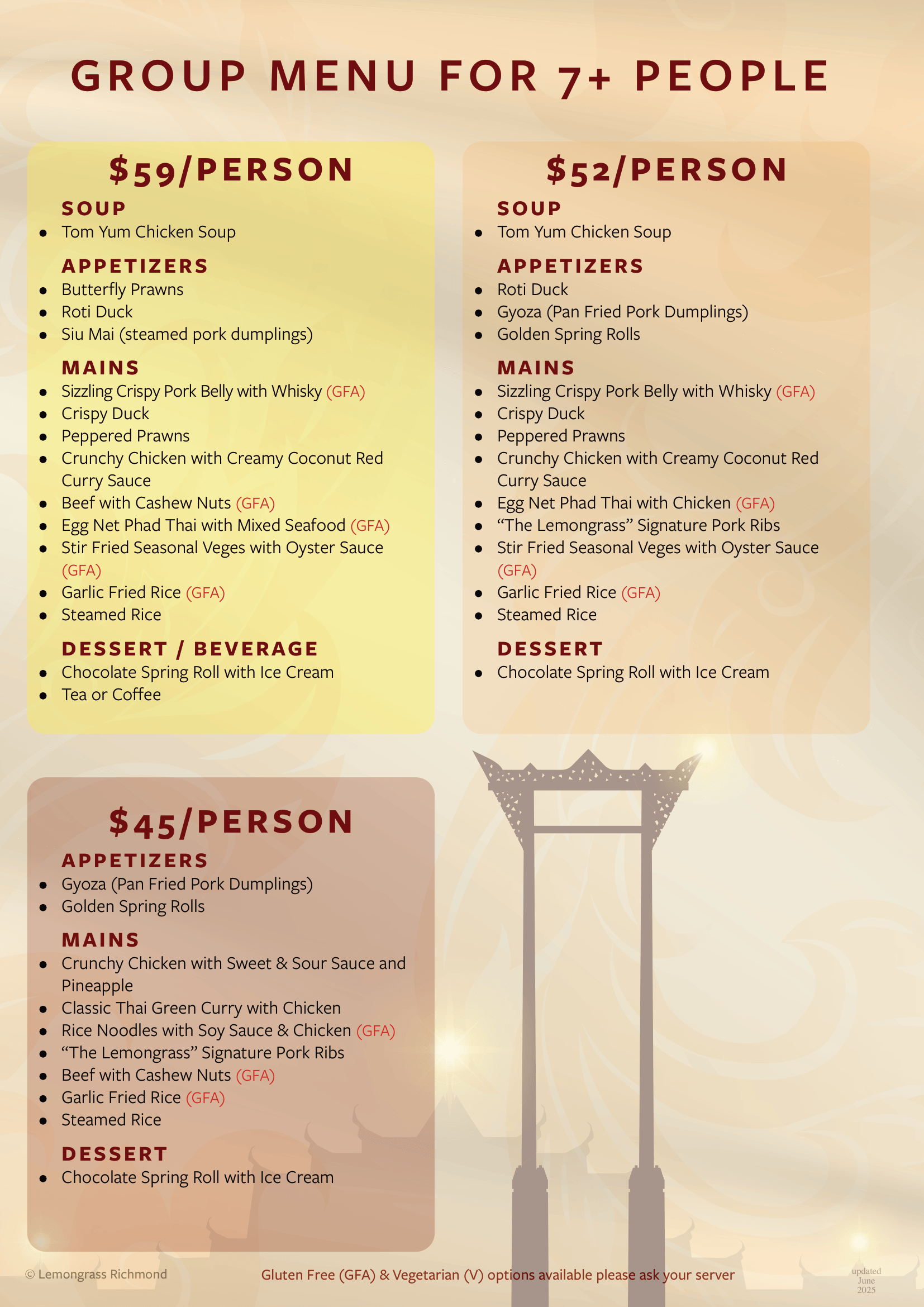 A group menu for 7+ people with a picture of a statue on it