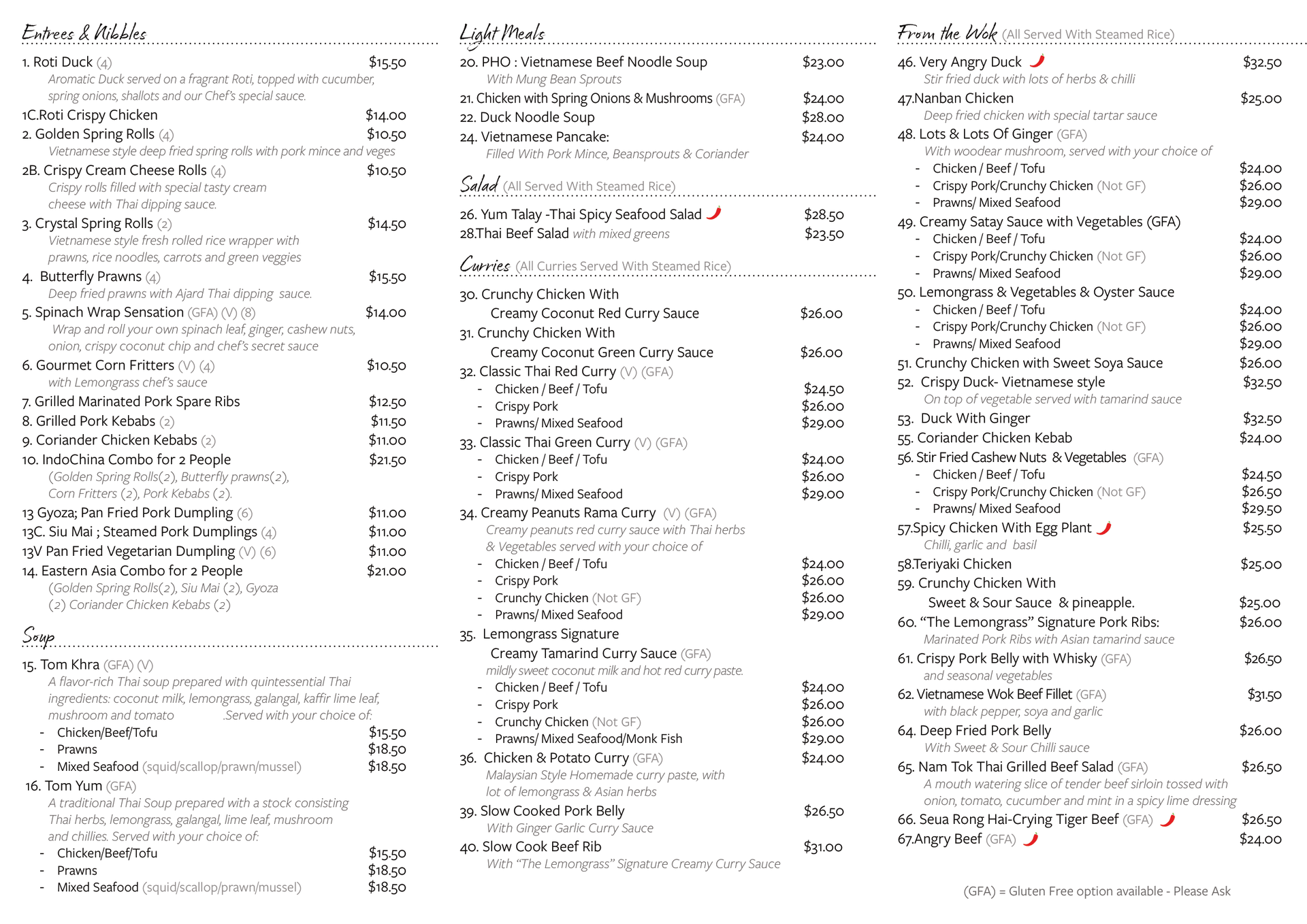 A menu for a restaurant with a lot of items on it.