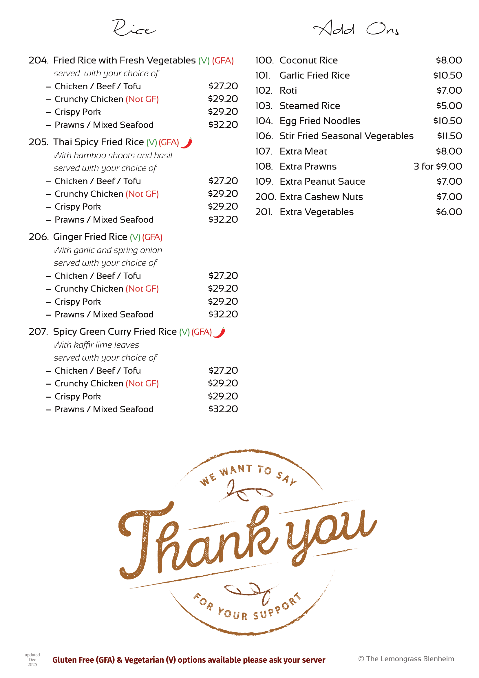 A menu with a thank you message on it.