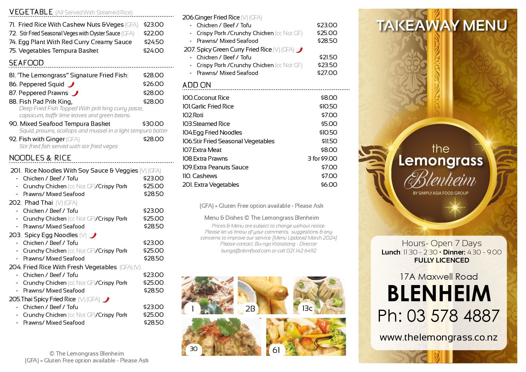 A takeaway menu for a restaurant called the lemongrass