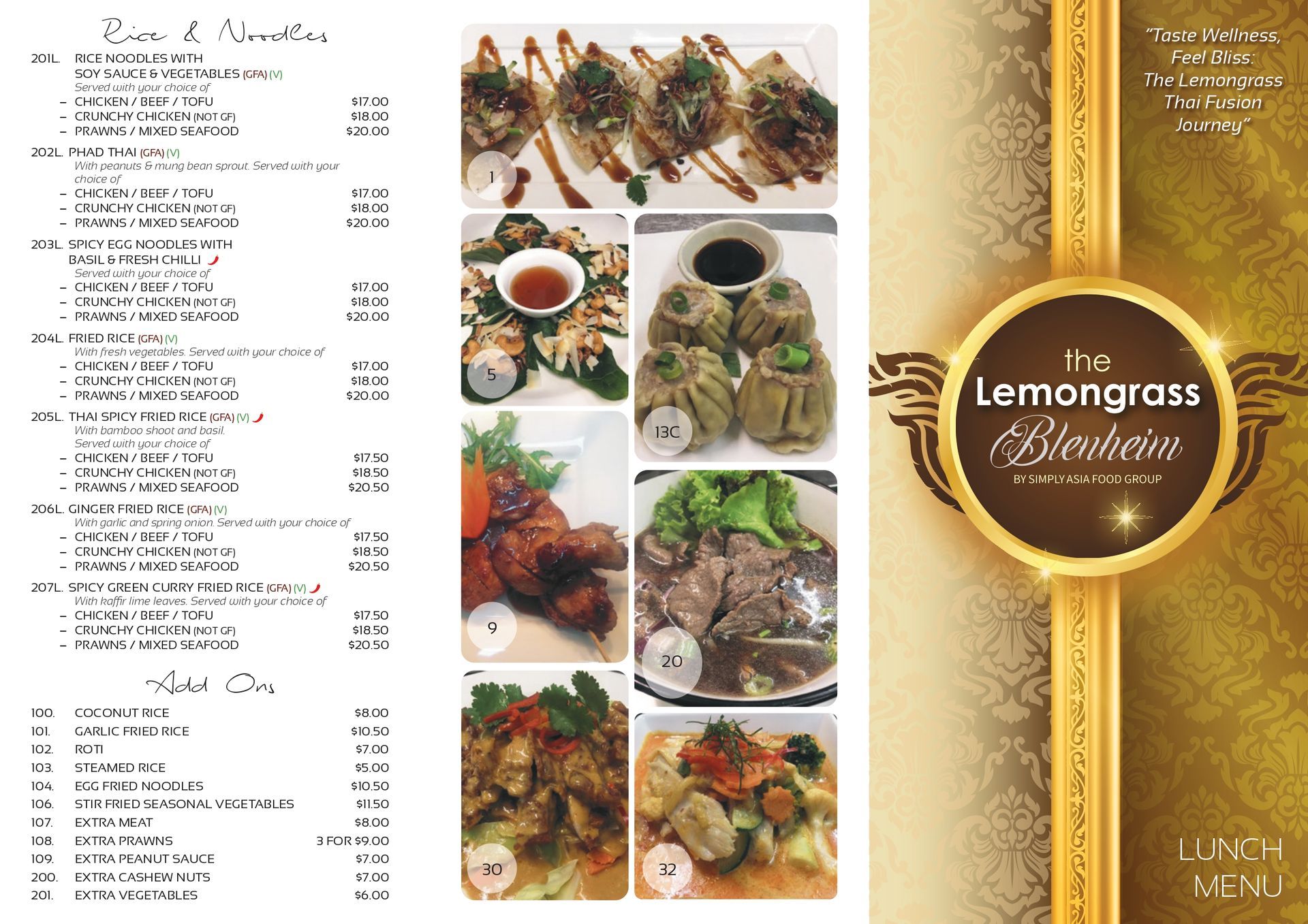 A menu for a restaurant called lemongrass wanhom