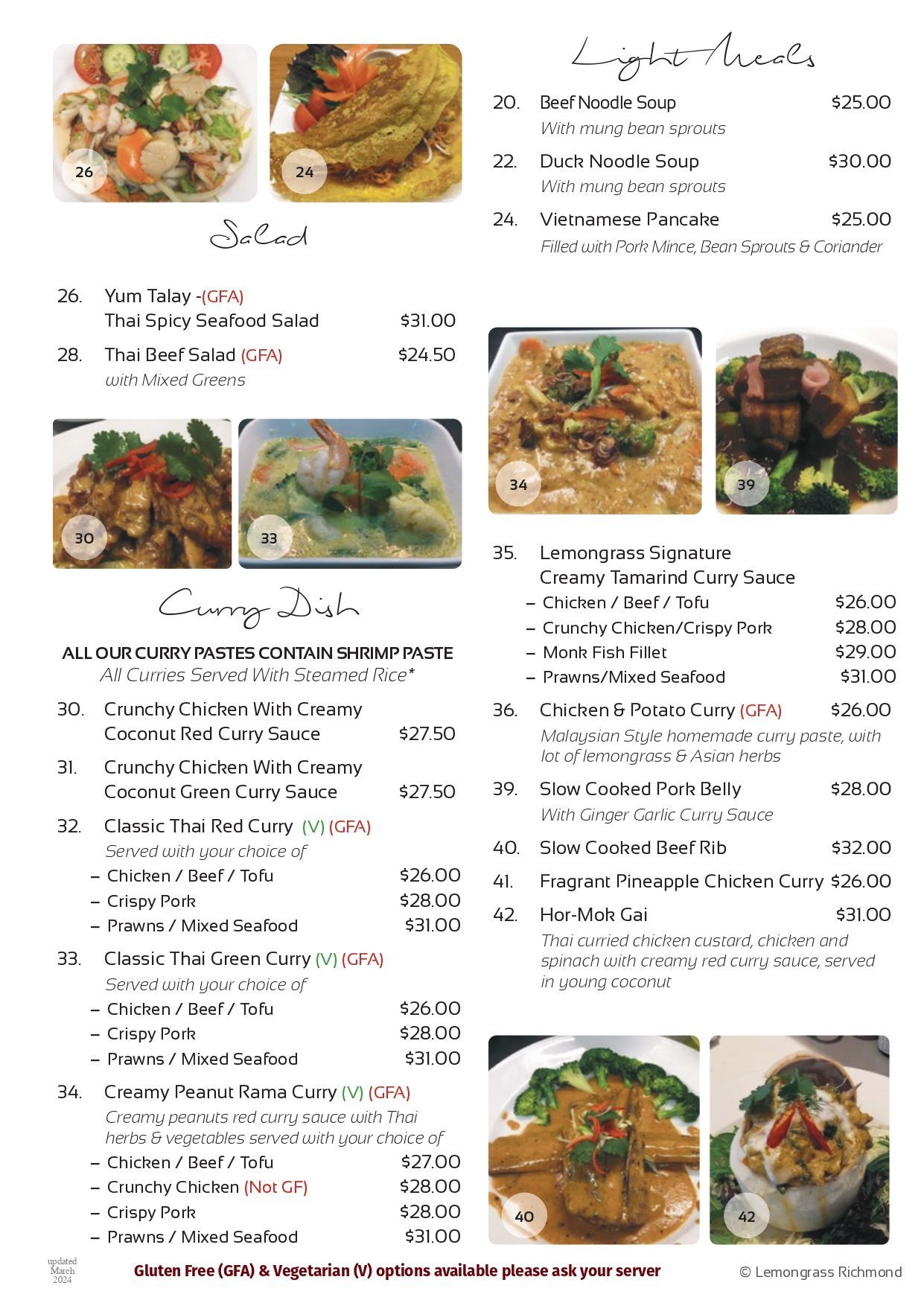 A menu for a restaurant with a variety of food on it.